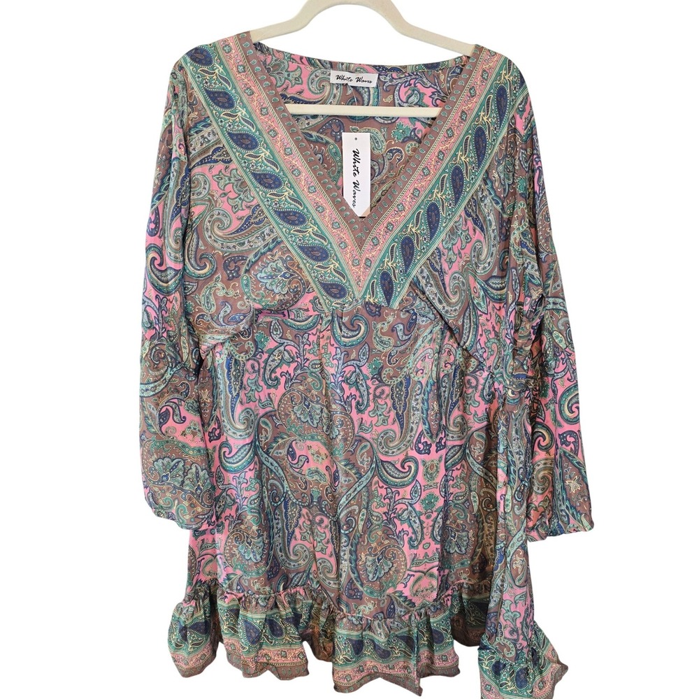 White Waves Pink Paisley‎ Bell Sleeve V-Neck Ruffle Mini Dress Boho Festival NEW